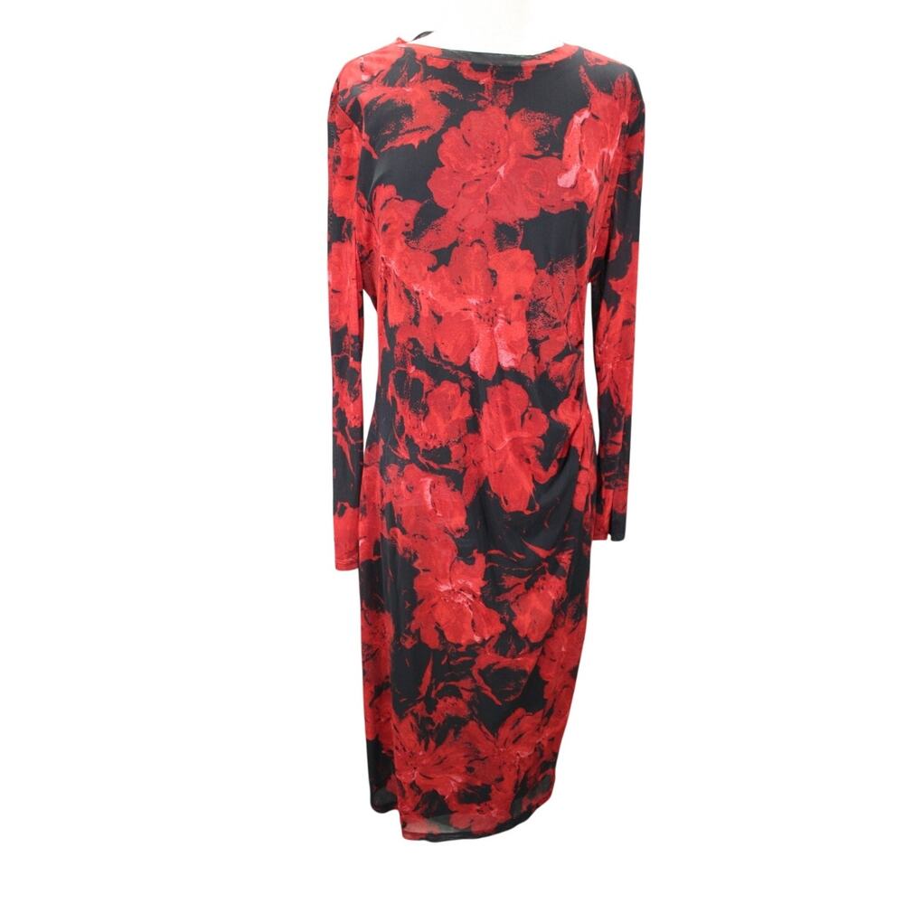 Nine West Mesh Dress Ruched Red Black Floral Side Knee Length Midi size Large